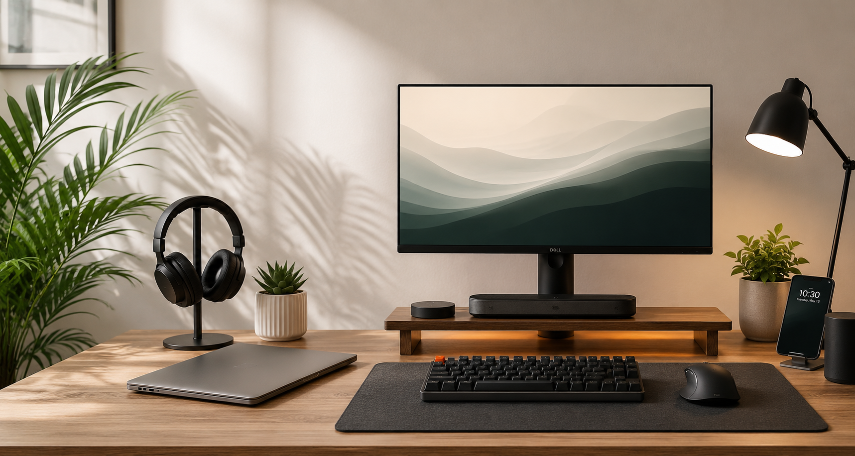 Modern desk setup with monitor, keyboard, and desk lamp