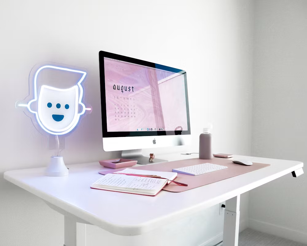 Complete desk setup with monitor, keyboard, and accessories